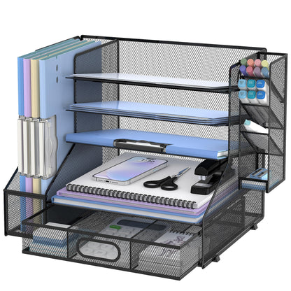 SUPEASY Desk Organizer with File Holder, 5-Tier Mesh Paper Letter Tray and 3 Tilted File Sorter for Office Supplies, Black