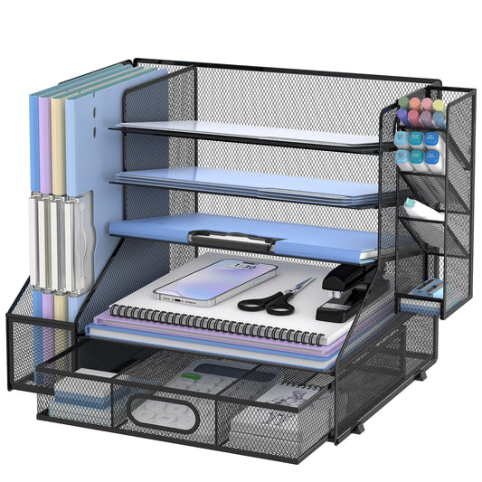 SUPEASY Desk Organizer with File Holder, 5-Tier Mesh Paper Letter Tray and 3 Tilted File Sorter for Office Supplies, Black