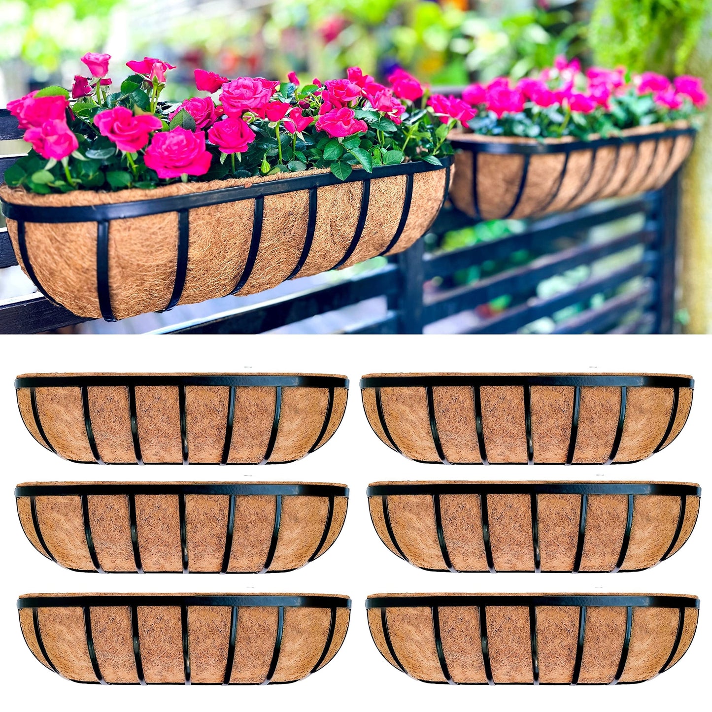 LaLaGreen Deck Railing Planter Boxes for Plants (24 Inch, 6 Pack) Metal Wall Planters for Outdoor Plants, Black Window Flower Boxes Deck Railings with Coco Liner Fence Balcony Patio Porch Over Rail
