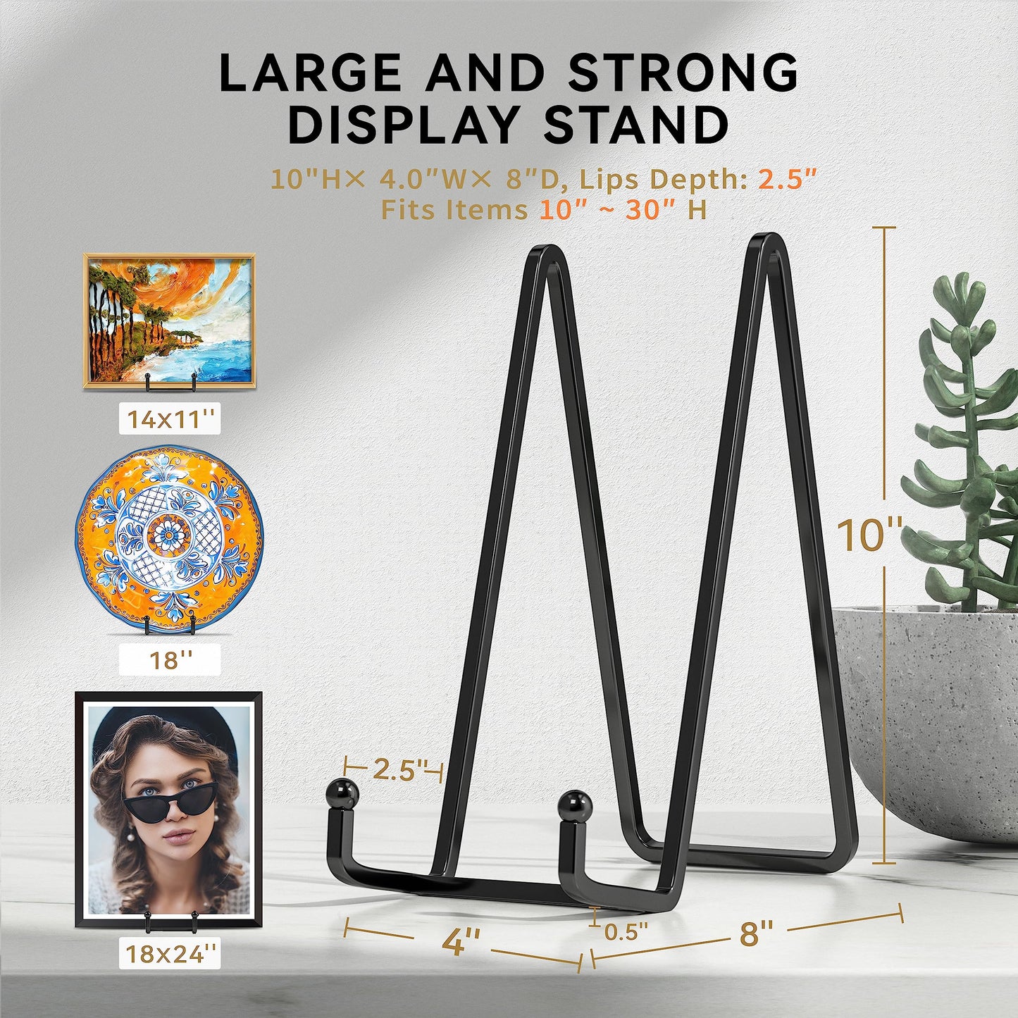IPAME 10 Inch Large Plate Stands for Display - Metal Plate Holder Display Stand + Small Easels Picture Stand for Book, Platter, Plaque, Photo Frame, Tabletop Art (2 Pack)