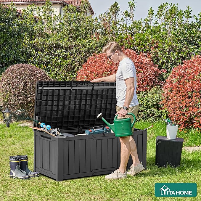 YITAHOME 120 Gallon Outdoor Storage Deck Box, Large Resin Patio Storage for Outdoor Pillows, Garden Tools and Pool Supplies, Waterproof, Lockable, (Dark Grey)