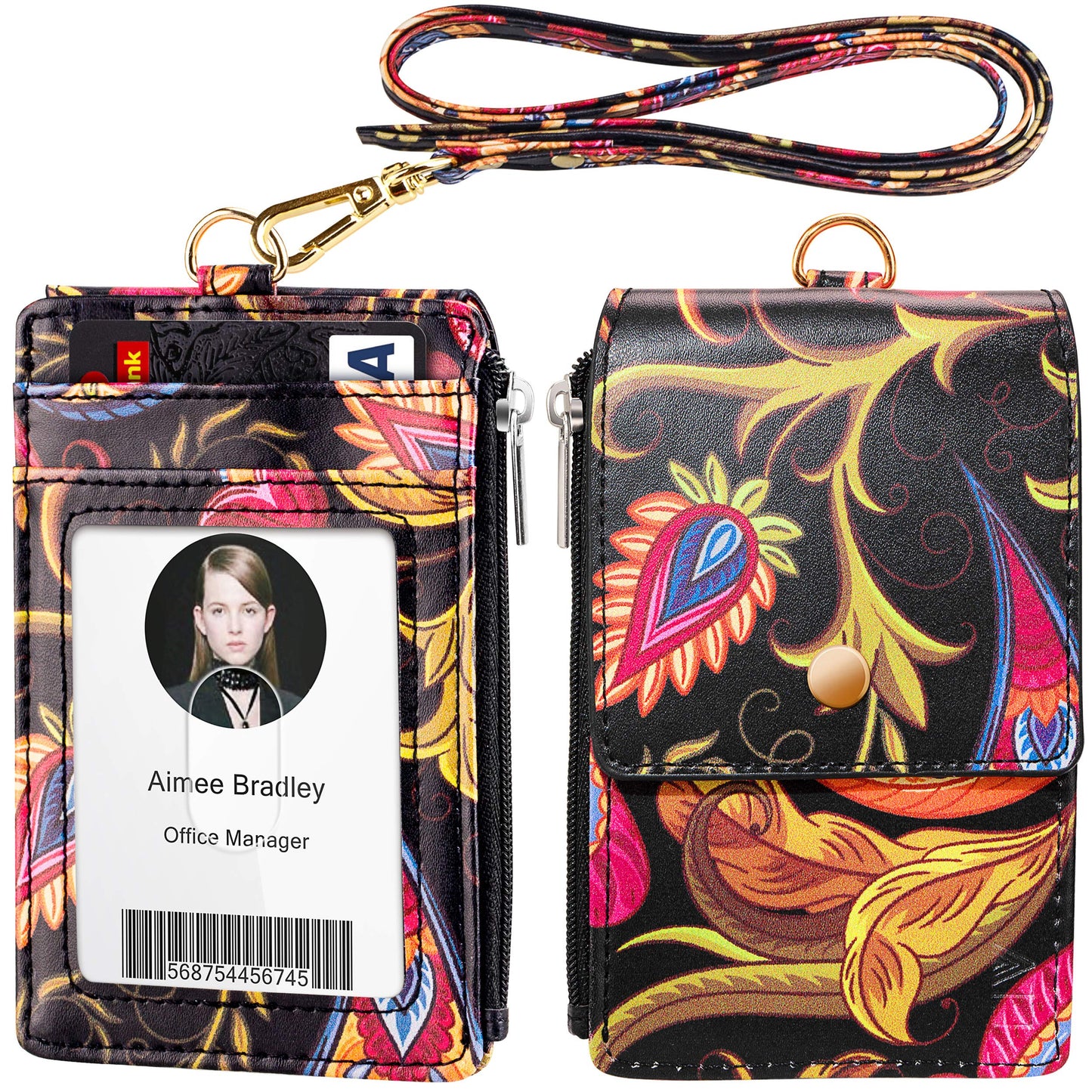 ELV Badge Holder with Zipper, ID Badge Card Holder Wallet with 5 Card Slots, 1 Side RFID Blocking Pocket and 20 inch Neck Lanyard Strap for Offices ID, School ID, Driver Licence