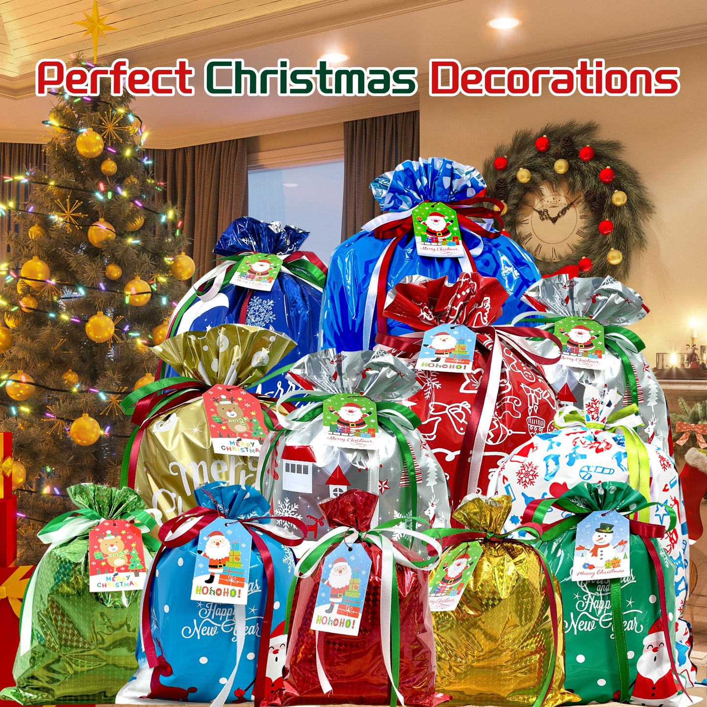 38PCS Christmas Drawstring Gift Bags Assorted Size Small Medium Large
