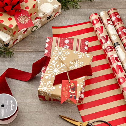 Hallmark Reversible Christmas Wrapping Paper (3 Rolls: 120 sq. ft. ttl) Merry Holidays, Snowflakes, Snowmen, Red Stripes
