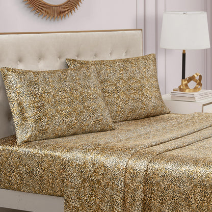 Juicy Couture Full Size Satin Bed Sheet Set, Deep Pocket Silky Full Sheet Set with 1 Fitted Sheet, 1 Flat Sheet, 2 Pillowcases, Wrinkle Resistant and Anti Pilling Bed Sheets - Monica Leopard