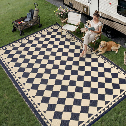 HUGEAR Outdoor Waterproof Rug 9'x18' Plastic Straw Rugs Washable Reversible Floor Mat Beige Plaid Carpet for Camping RV Deck Entryance Porch Picnic Balcony Beach Backyard