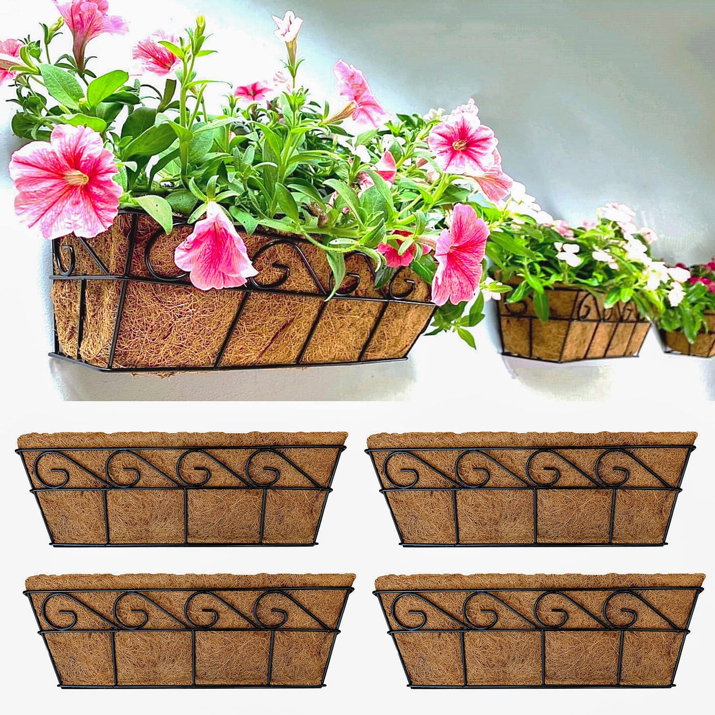 LaLaGreen Wall Mounted Planters - 16 Inch, 4 Pack Window Flower Boxes Basket Outdoor, Balcony Planter Over the Rail, Deck Railing Hanging with Coco Liners, Metal Horse Troughs Fence Patio Porch