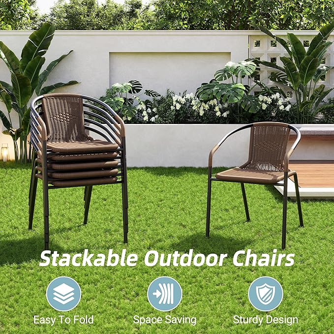 Amopatio Outdoor Dining Chairs Set of 6, Rattan Wicker Patio Chairs, Stackable Indoor-Outdoor Chairs, Bistro, Deck, Yard, Porch, 6 Pack, Brown