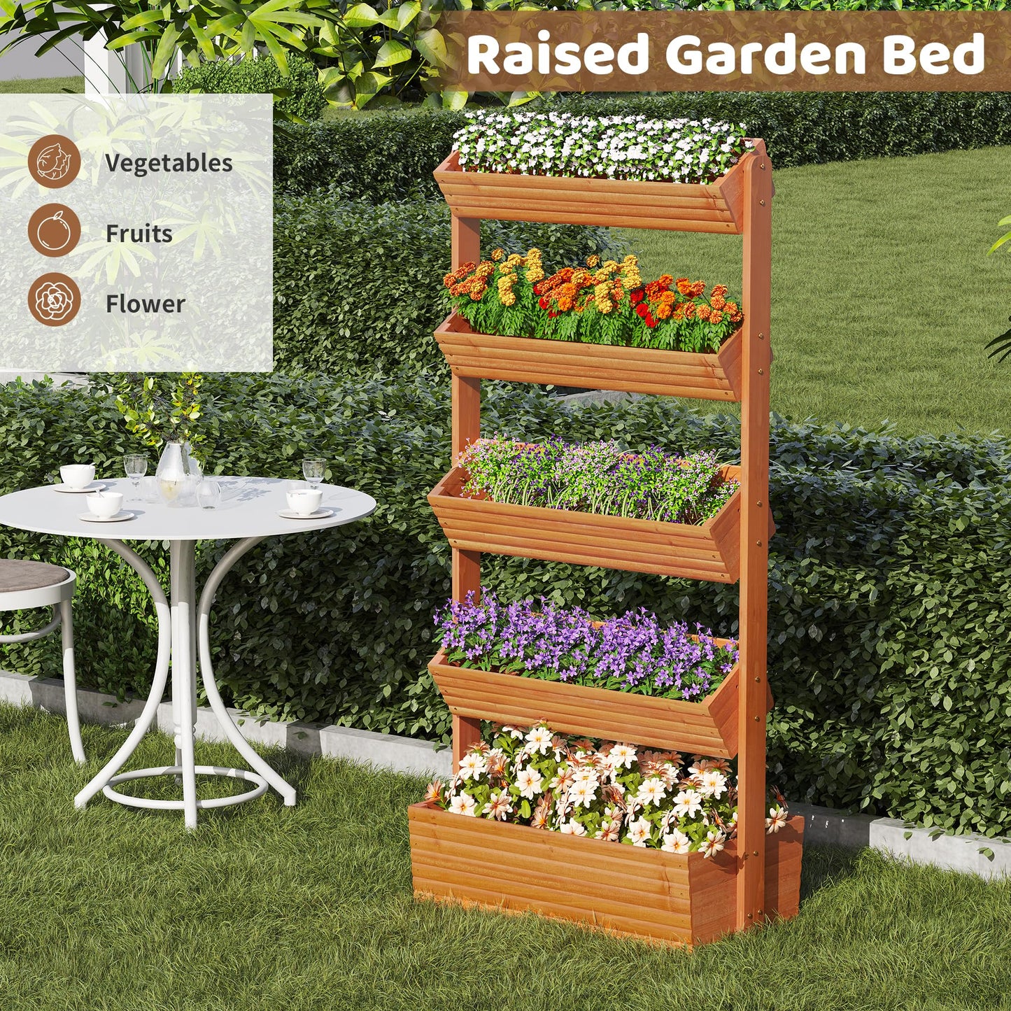 FILWH Wooden Raised Garden Bed Vertical Planter Box, Freestanding Plant Stand for Indoor Outdoor Plants, Herbs, Flowers, Vegetables, Gardening (Reddish Brown, 5-Tier，29.9 x 17.9 x 68in)