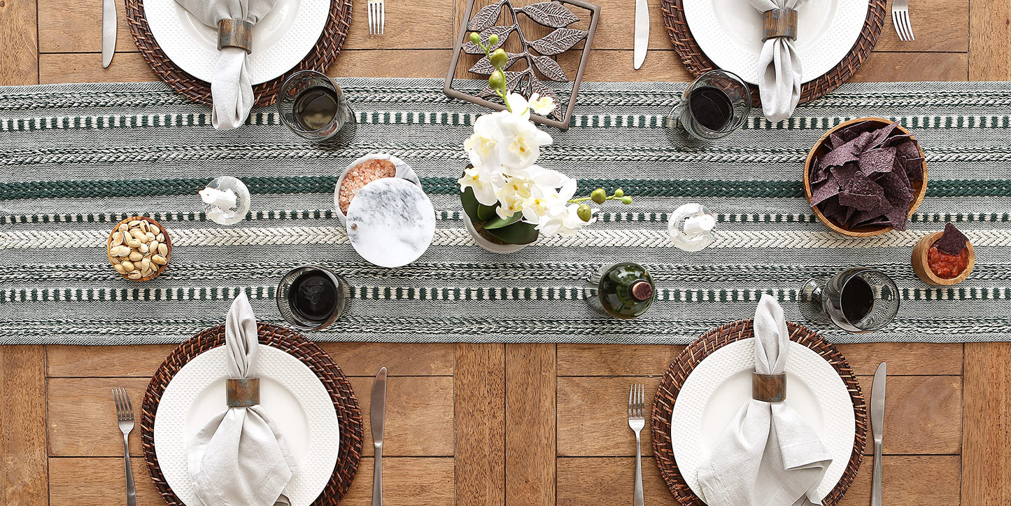DII Farmhouse Braided Stripe Table Runner Collection, 15x108 (15x113, Fringe Included), Dark Green