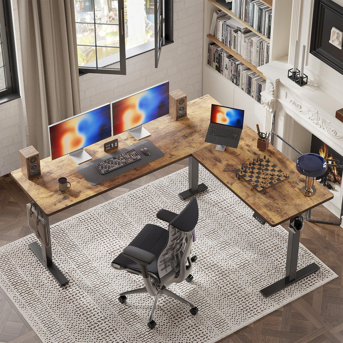 TIQLAB 75 x 61 inch L Shaped Standing Desk Adjustable Height, Electric Corner Standing Desk, Sit Stand Computer Table with Splice Board, Rustic Brown
