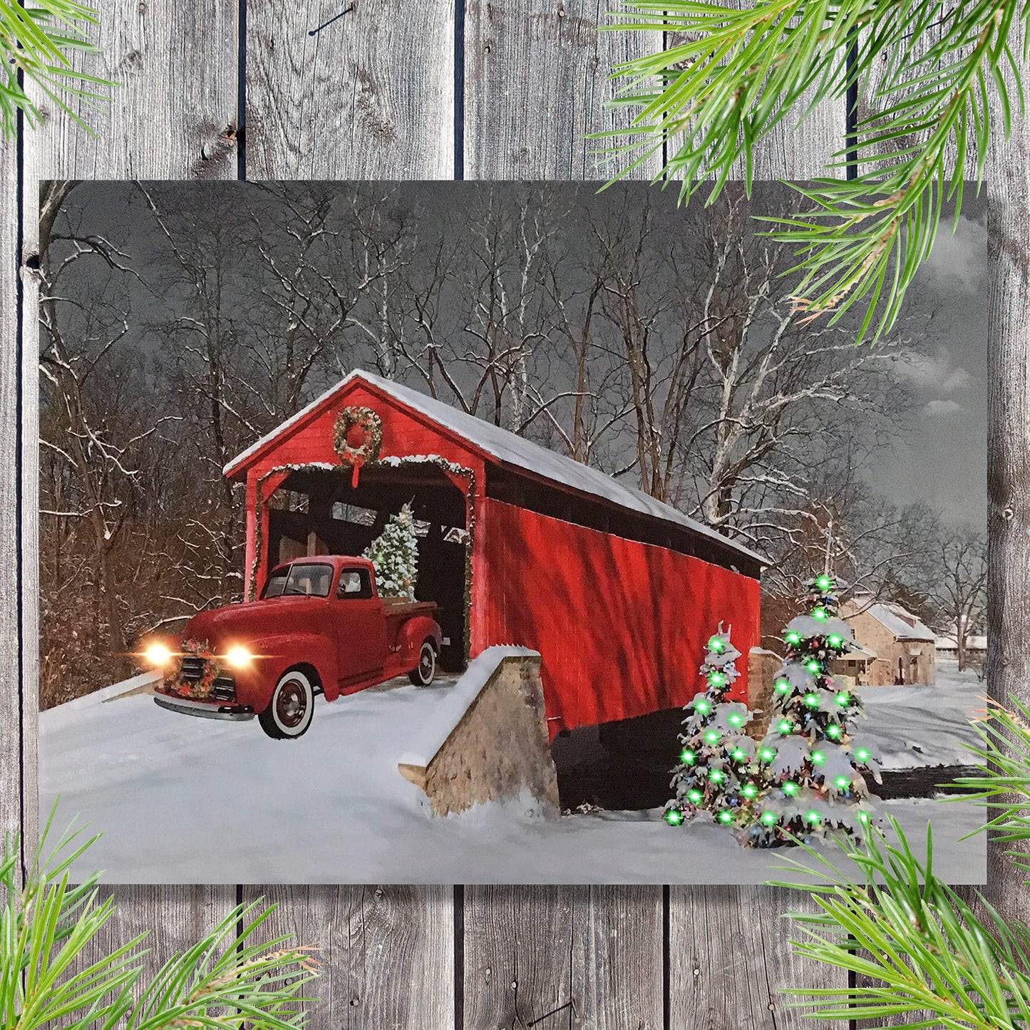 BANBERRY DESIGNS LED Wall Art - Lighted Red Truck Covered Bridge Canvas Print - Christmas Picture with LED and Fiber Optic Lights - Winter Scene Wall Art - Measures 11.75" X 15.75"