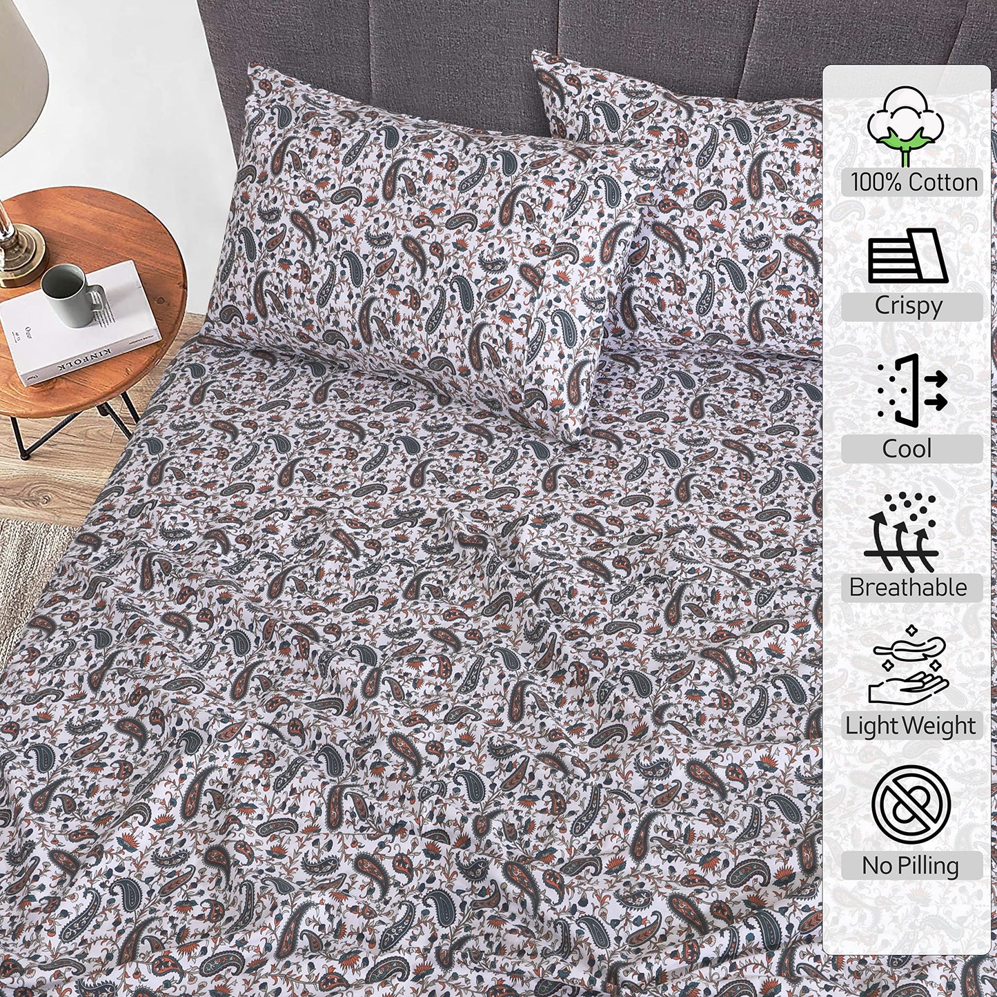 RUVANTI 100% Cotton Percale Sheets, Full Size, Teal Paisley