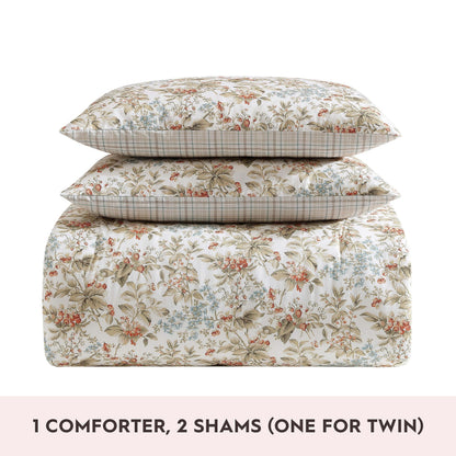 Laura Ashley - Queen Comforter Set, Reversible Cotton Bedding with Matching Shams, Floral Home Decor with Plaid Reverse (Bramble Floral Beige, Queen)