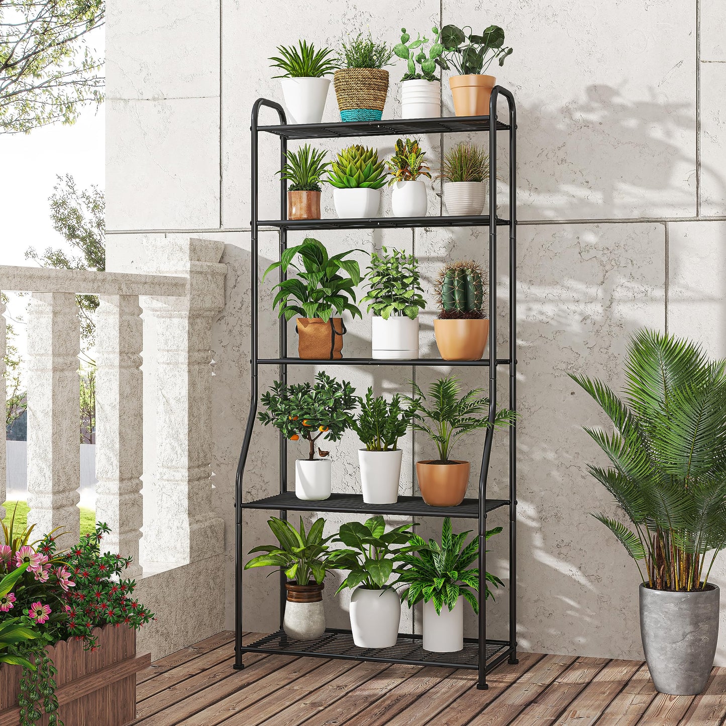 Simple Trending Plant Stand 5-Tier Plant Shelf for Indoor Outdoor, Waterproof Metal Tall Plant Stand for Living Room Bathroom Balcony Garden, Black