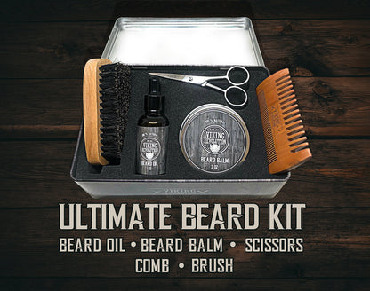 Beard Growth Kit - Oil, Balm, Serum, Derma Roller & Wooden Comb for Beard & Mustache Growth