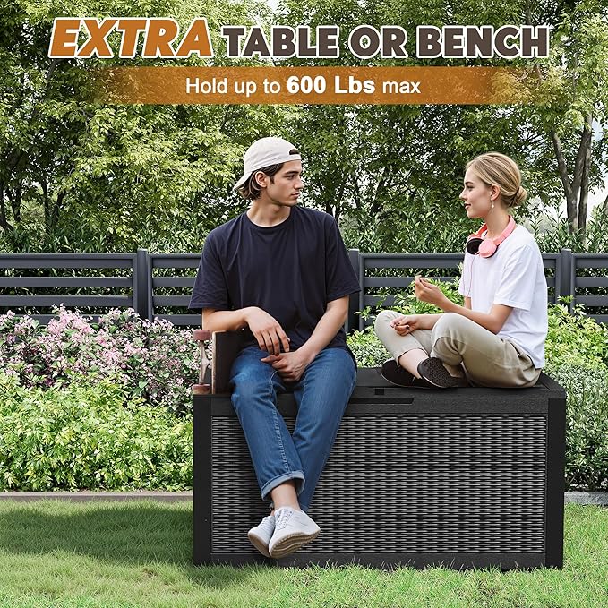 Outdoor Storage Box, Resin Deck Boxes Indoor and outdoor, Waterproof Storage Box Lockable Lid (Black, 110 Gallon)