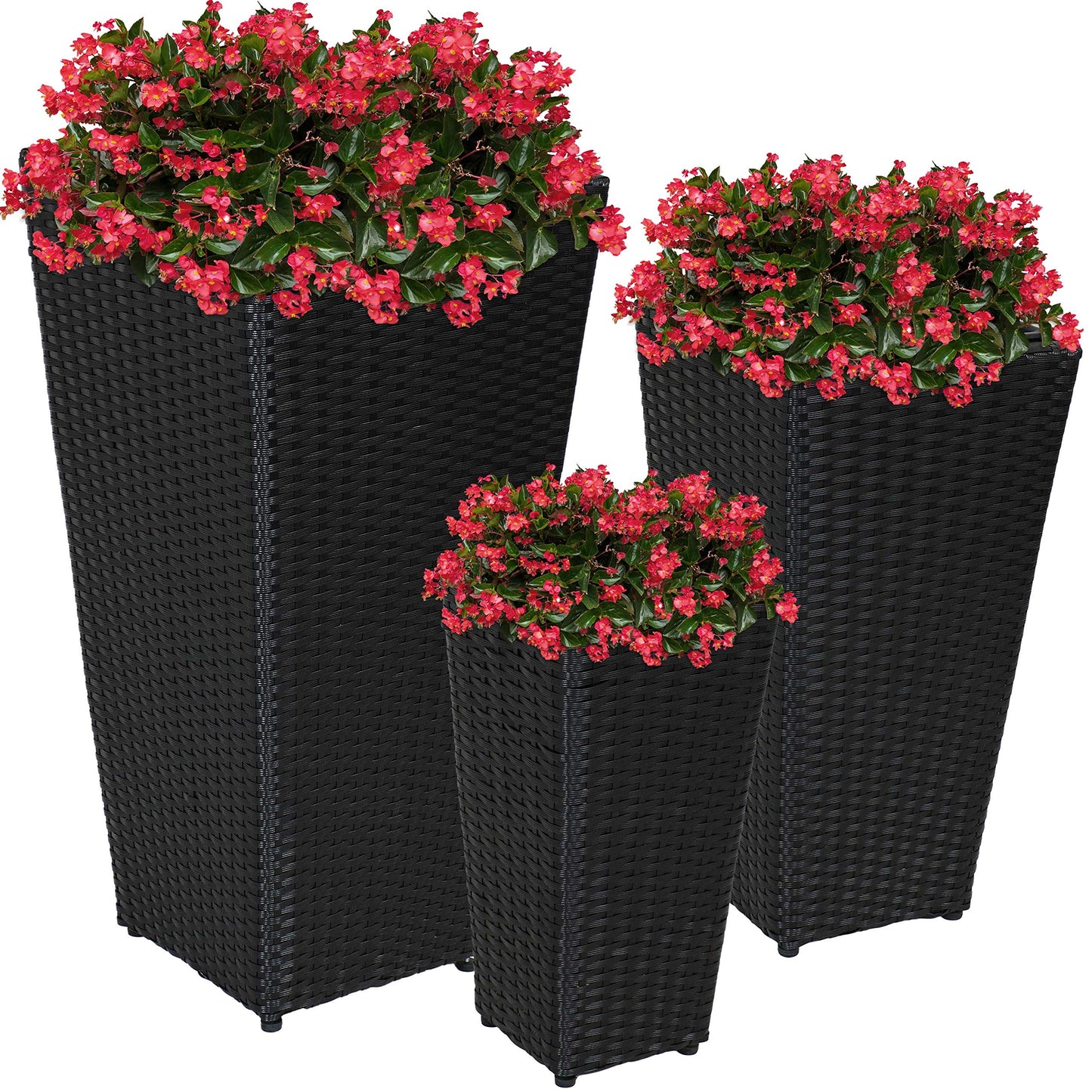 Sunnydaze Square Tall Wicker Outdoor Planter Set of 3 - Polyrattan Large Outdoor Planters for Porch, Patio or Garden - 9", 11.5", 14.75" Tall Plant Pots - Black