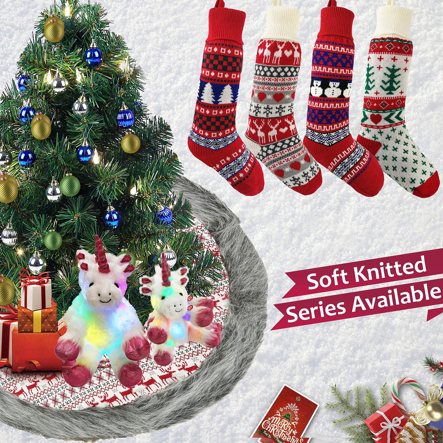 Bstaofy Set of 4 20'' Extra Long Knitted Christmas Stockings Stretchable Handmade Woven Snowflakes and Reindeer Assorted Xmas Tree Hanging Decorations