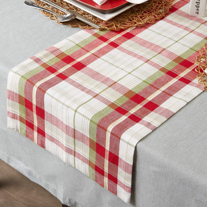 DII Orchard Plaid Collection Linen Tabletop Essentials, Table Runner, 14x72, Taupe/Red