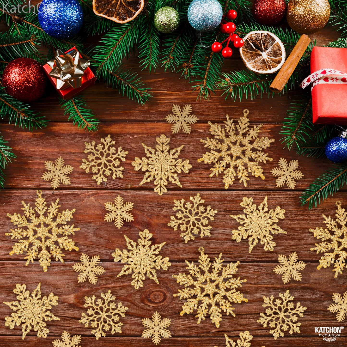KatchOn, Gold Snowflake Ornaments for Christmas Tree - Large, Pack of 36 | Glitter Snowflake Ornaments | Gold Christmas Tree Decorations | Snowflake Christmas Ornaments, Christmas Hanging Decorations