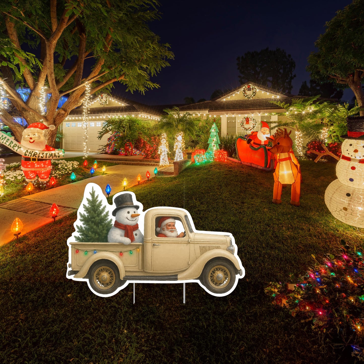 White Truck Christmas Santa Claus Classic Yard Sign for Home Decor and Lawn Decoration With Stakes, Green Merry Christmas Sign Presents