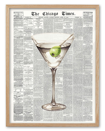 EcoHest Trendy Newspaper Martini Framed Wall Art, 12x16 in OAK Wood Retro Bar Cart Canvas Art, Magazine Aesthetic Apartment Art, Beige Logs Funky 70's Set of 1 for Bedroom Living Room