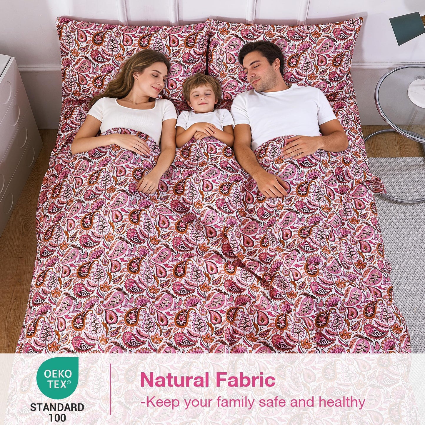 Softan Pink Paisley Floral Twin Sheet Set, 3-Piece Cozy Boho Microfiber Printed Fitted Bed Sheet with 15" Deep Pockets & Non-Slip Straps, Kids Girls Patterned Sheets & Pillowcase Set
