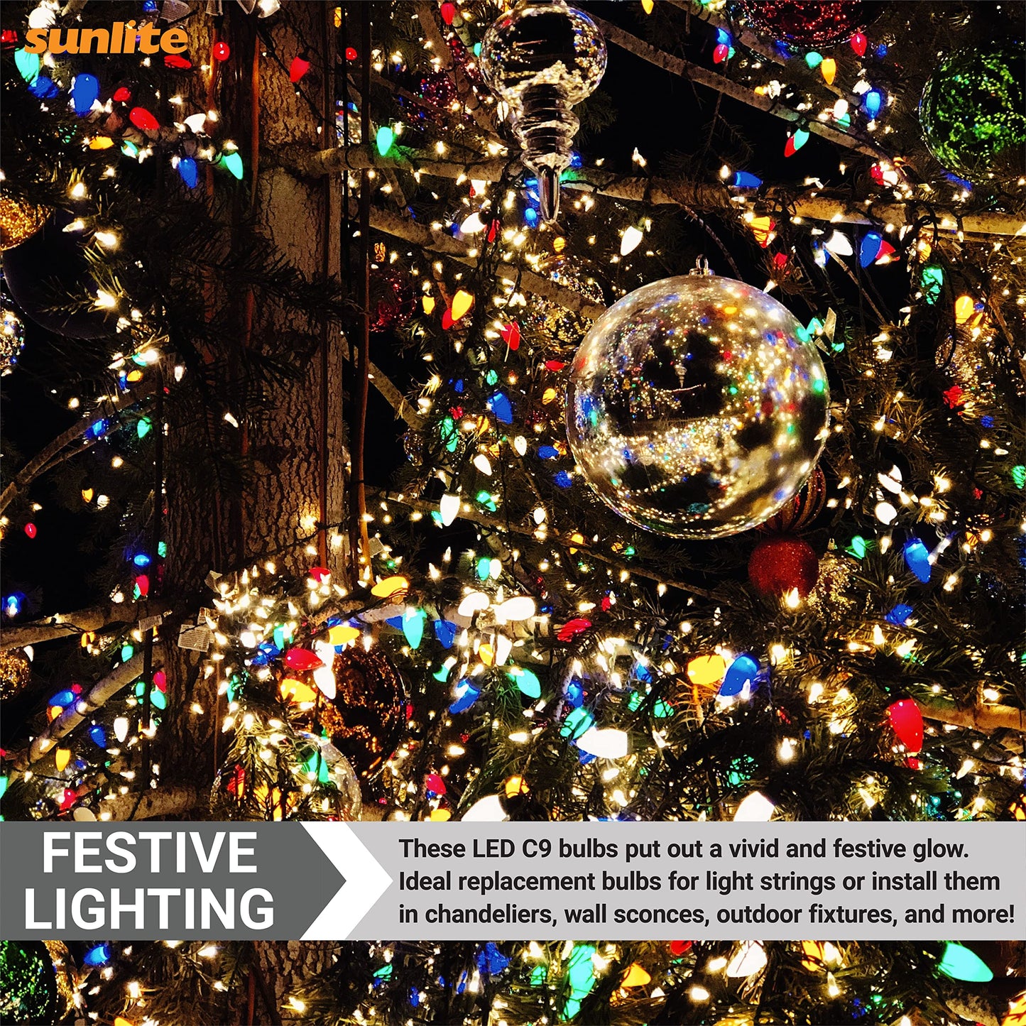 Sunlite 80709 LED C9, Holiday Decorative Light Bulb, 0.4 Watts, E17 Intermediate Base, Faceted Christmas-Lights; Nightlight, Yellow, 6 Count
