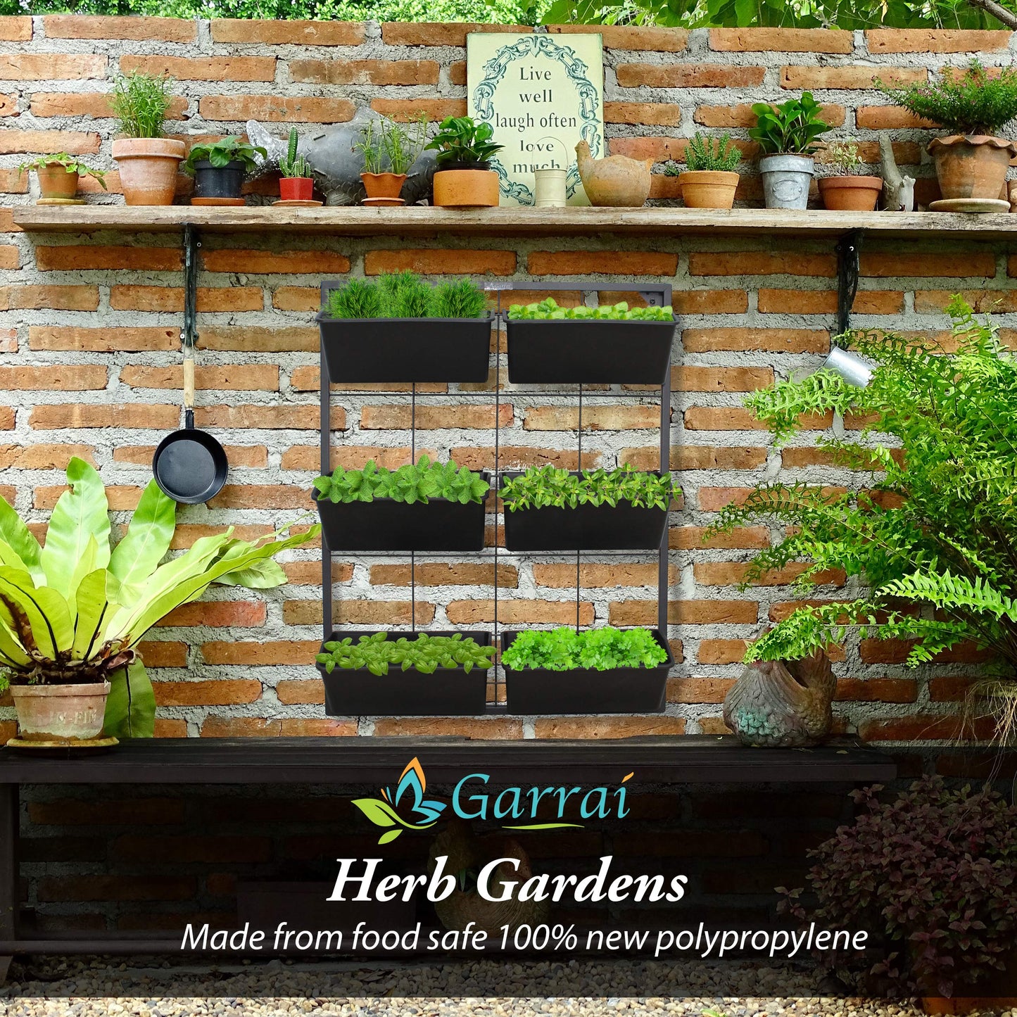 Garraí Vertical Garden Wall Planter. Ideal Indoor or Outdoor Container Gardening. Includes 6 Removable Pots and Wall Mounted Metal Frame. Self Draining Garden for Vegetables, Flowers or Herbs.