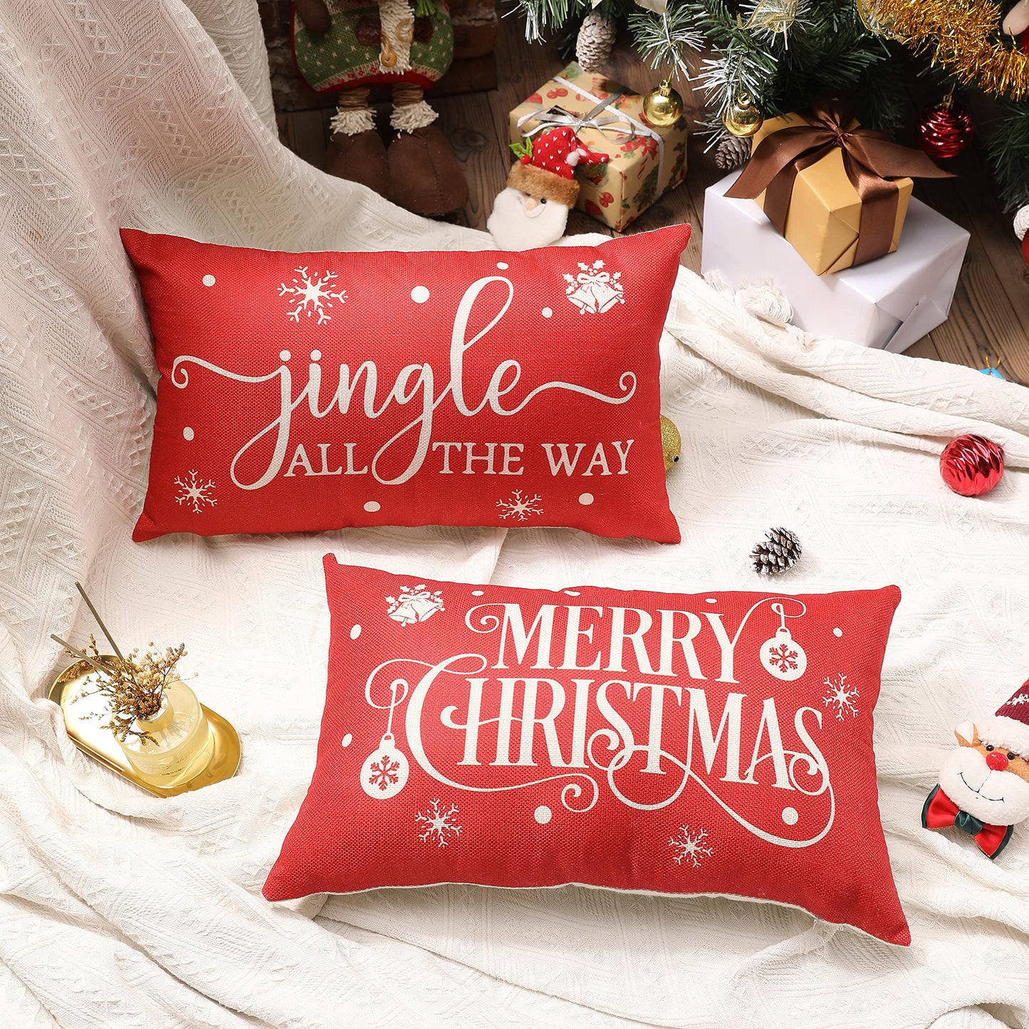 Allorry Merry Christmas Pillow Covers Set of 2 Cotton Linen Farmhouse Christmas Decorations Throw Pillow Cases Covers for Couch Bed Sofa 12x20 Inches