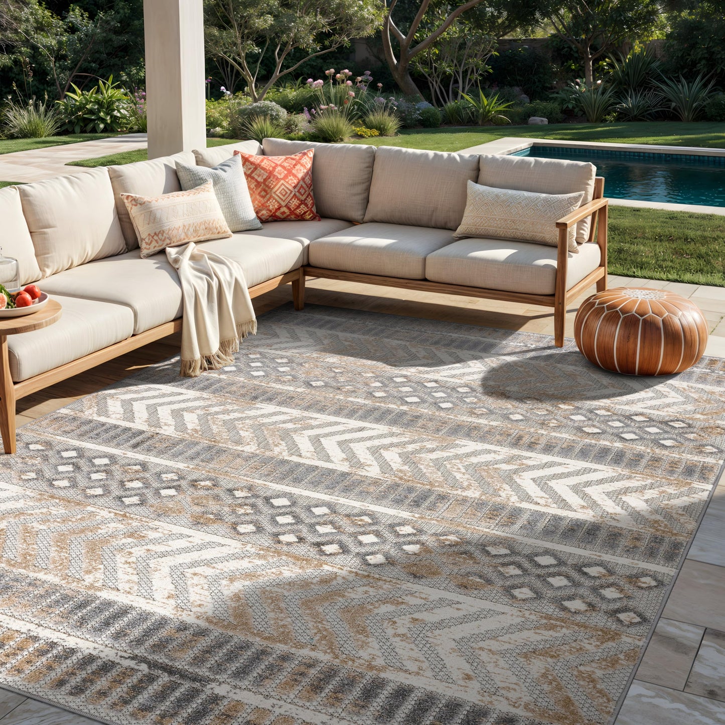 Rugshop Distressed Geometric Indoor/Outdoor Beige Area Rug Modern Tribal Stripe, Durable Stain Resistant Perfect for Patio, Backyard, Deck and Outdoor Lounge 5' x 7'