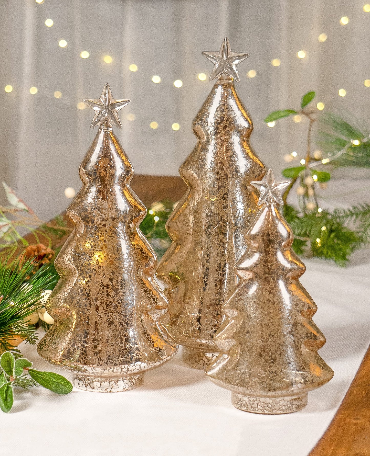 Red Co. 8.5”, 11”, 12.5” Light-Up Clear Glass Christmas Tree Tabletop Display Figurine Set of 3 Sizes, Mercury Gold