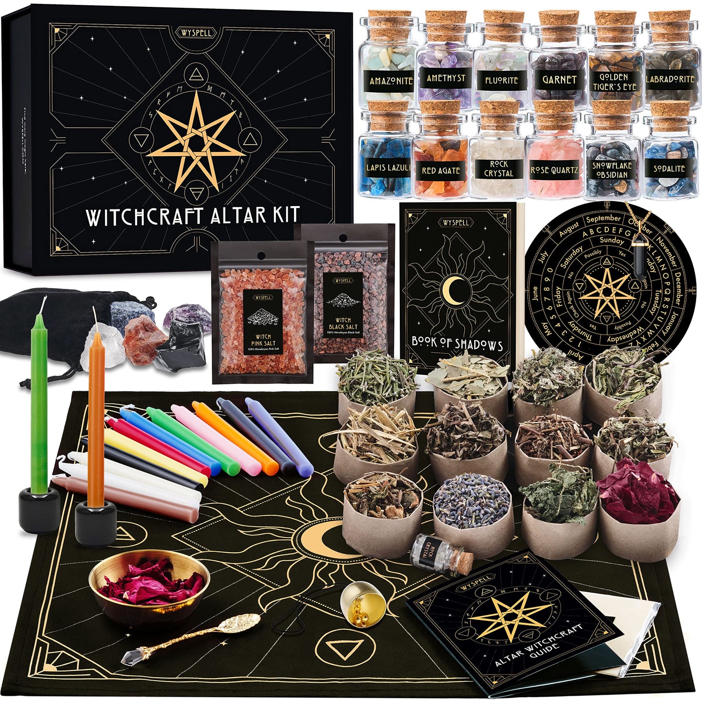 Wyspell Large Witchcraft Kit 77 PCS - Witch Altar Spell Set - Wiccan Supplies & Tools - Witchy Gifts for Beginners: Spell Candles, Dried Herbs, Crystals, Stones, Cloth, Pendulum, Bowl & Spoon