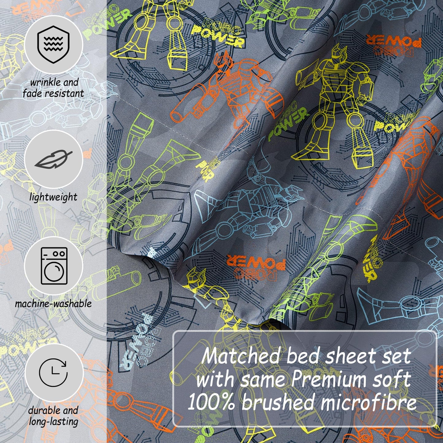 Softan Kids Bed Sheet Set, 4-Piece Full Size Sheets, Microfiber Fitted Sheet with 15 Inches Deep Pocket and Corner Straps, Breathable & Silky Soft Linear Robot Printed Sheet and Pillowcase Sets
