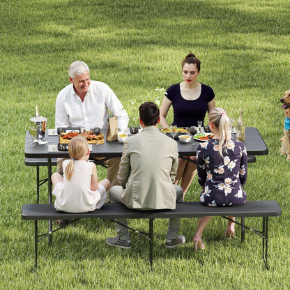 Real Relax 6' Picnic Table with 2 Benches, 3 Piece Black Wood Grain Portable HDPE Folding Camping Table and Benches for Courtyard, Garden, Outdoor Leisure, Party
