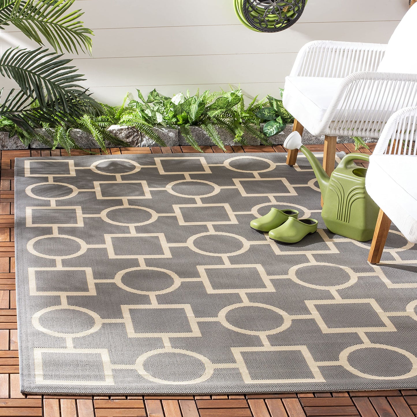 SAFAVIEH Washable Rug Outdoor Courtyard Collection - 7'10" Square, Anthracite & Beige, Non-Shedding & Easy Cleaning, Ideal for Patio, Backyard, Mudroom (CY6925-246)