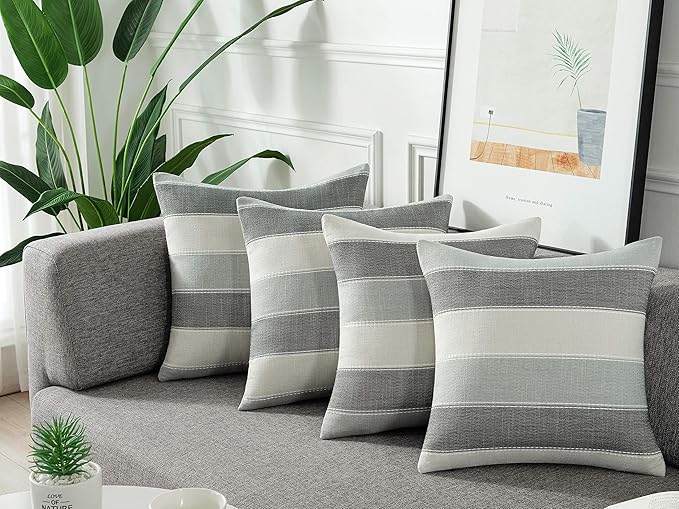 AmHoo Pack of 2 Farmhouse Stripe Check Throw Pillow Covers Set Case Cotton