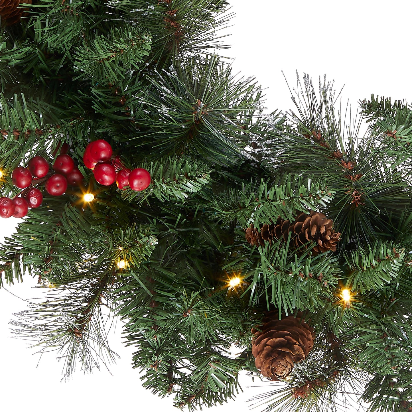National Tree Company 24 in Pre-Lit Crestwood Spruce Artificial Christmas Wreath, Christmas Decoration with Glitter, Pinecones, Red Berries, 50 Clear LED Lights, 160 Tips, Timer, Green