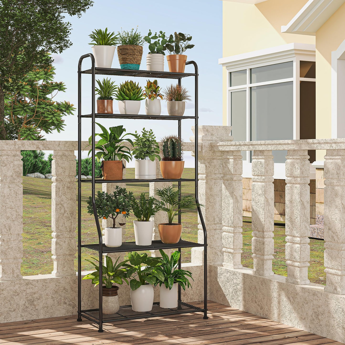 Simple Trending Plant Stand 5-Tier Plant Shelf for Indoor Outdoor, Waterproof Metal Tall Plant Stand for Living Room Bathroom Balcony Garden, Black