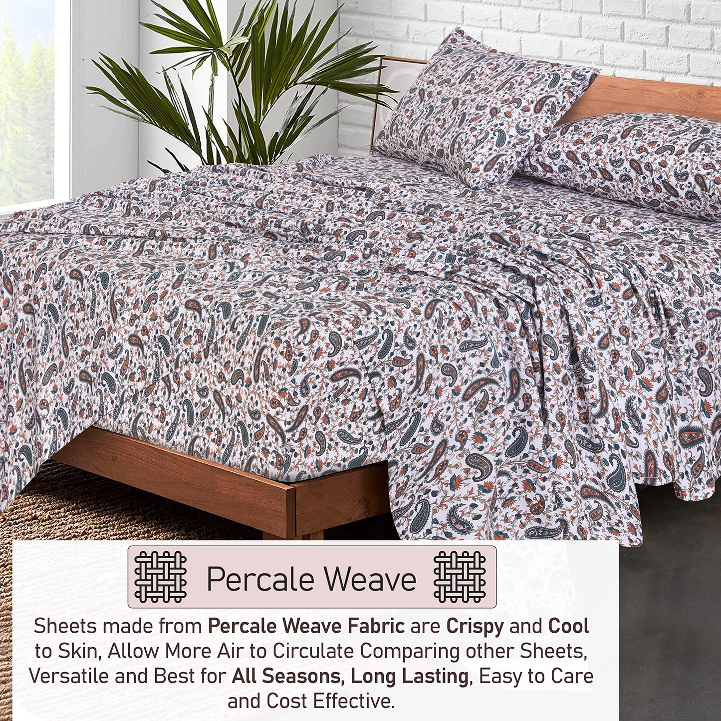 RUVANTI 100% Cotton Percale Sheets, Queen Size, Teal Paisley