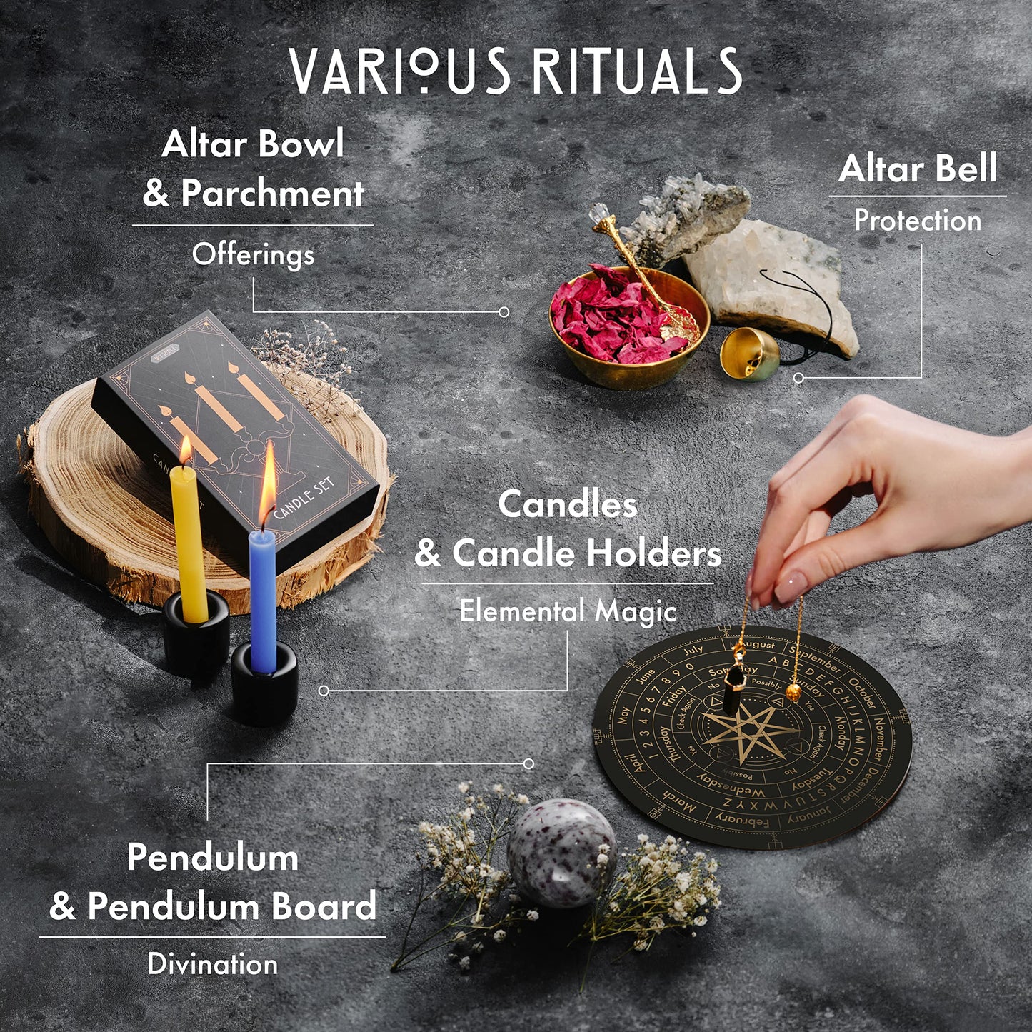 Wyspell Large Witchcraft Kit 77 PCS - Witch Altar Spell Set - Wiccan Supplies & Tools - Witchy Gifts for Beginners: Spell Candles, Dried Herbs, Crystals, Stones, Cloth, Pendulum, Bowl & Spoon