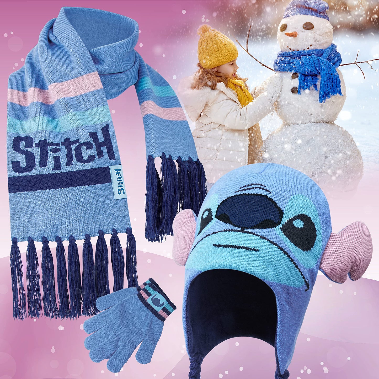 Disney Stitch Girls Beanie Scarf Teenagers Kids Gloves Winter Accessories School Travel Stitch Gifts, Choose from Sets (Blue Stitch 3 Pcs)
