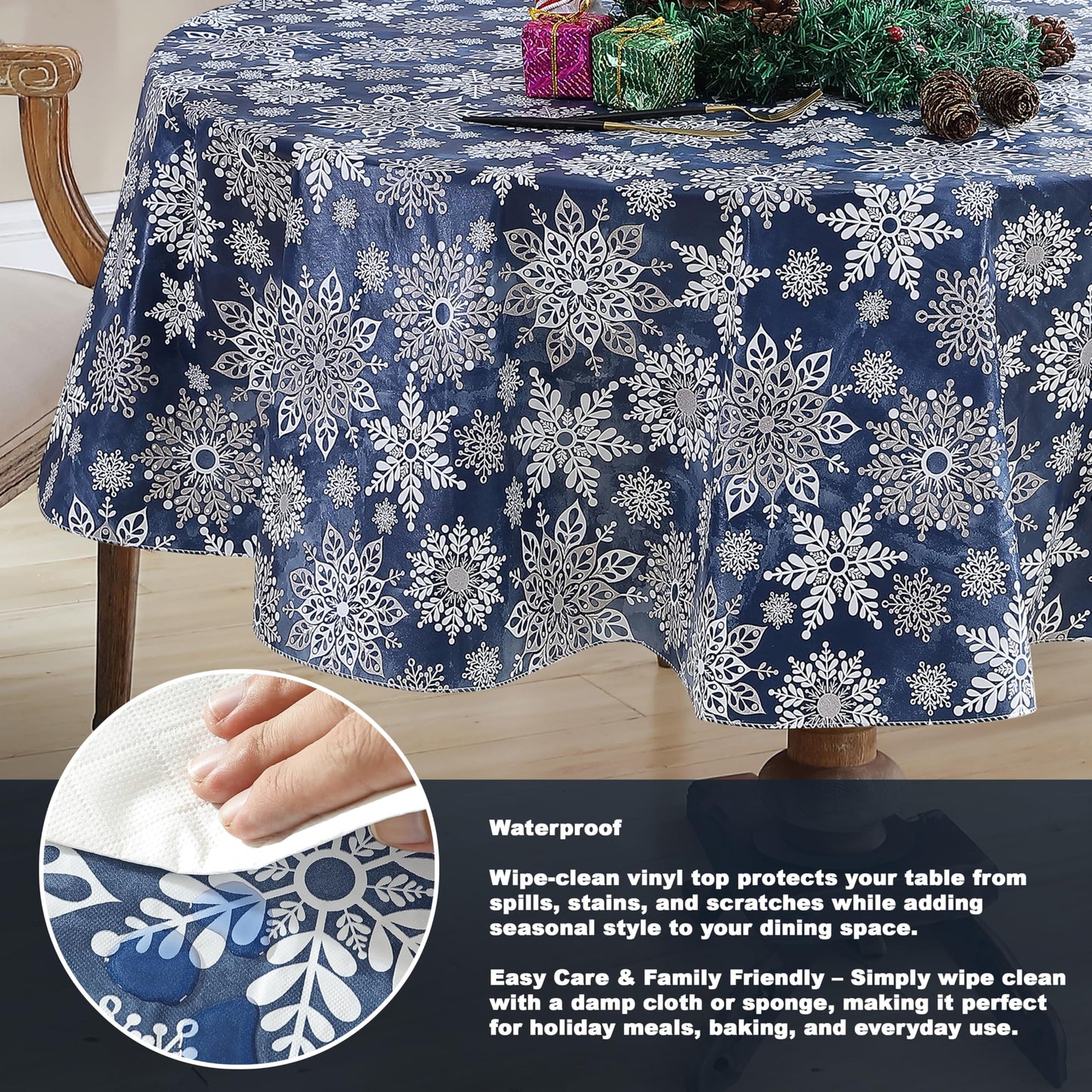 Newbridge Christmas Navy Winter Snowflake 70 Inch Round Vinyl Tablecloth with Flannel Backing – Sparkling Silver Holiday Print Easy-Care Wipe Clean Table Cover