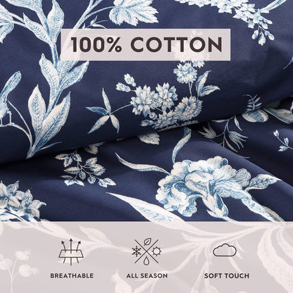 Laura Ashley – Queen Comforter Set, Reversible Floral Bedding with Matching Shams & Bonus Decorative Pillow Covers, Medium Weight, 7-Piece, College Dorm Room Essentials (Branch Toile Blue)