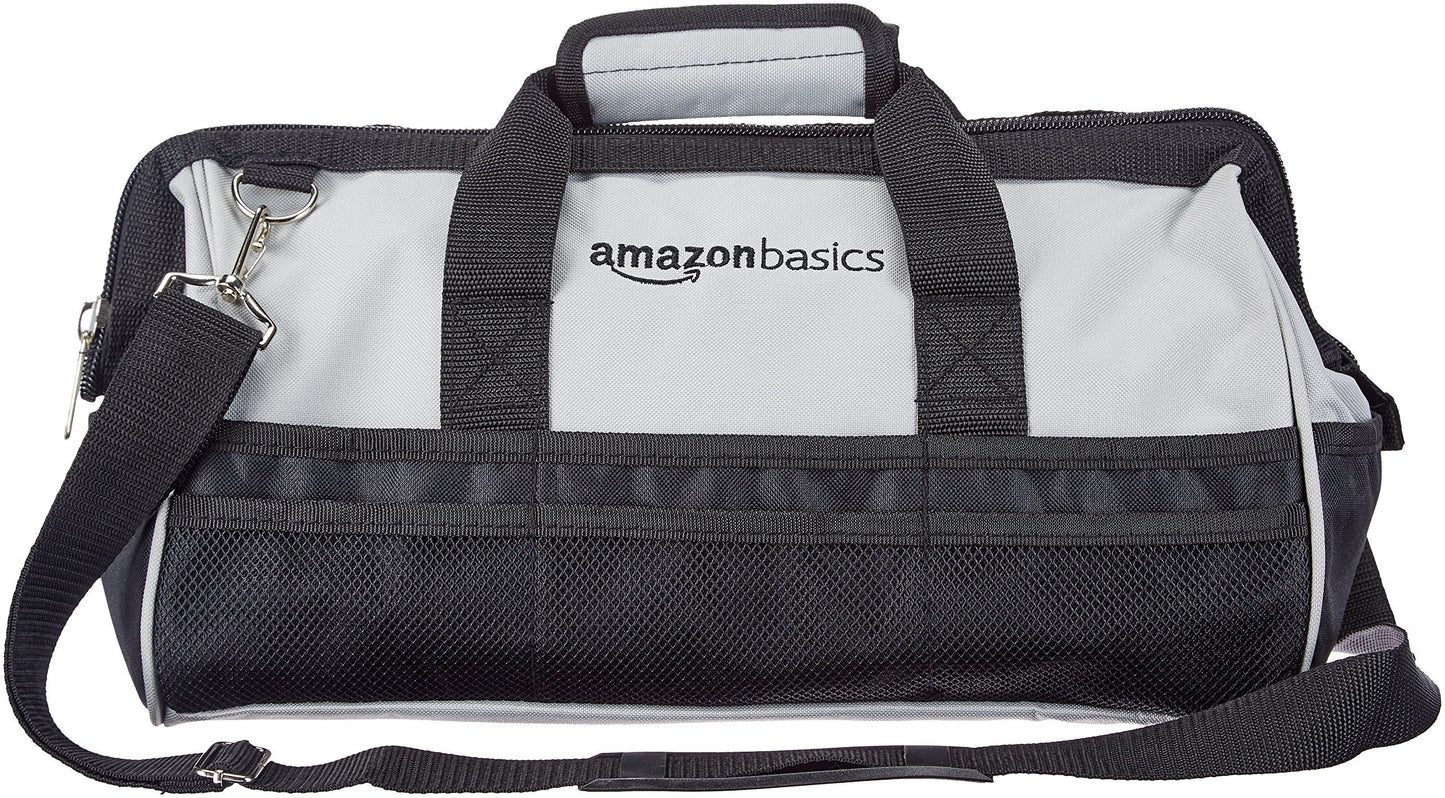 Amazon Basics Durable Wear-Resistant Tool Storage Bag with Adjustable Shoulder Strap,Portable Tool Organizer,16 in,Black & Grey,(Pack of 8)