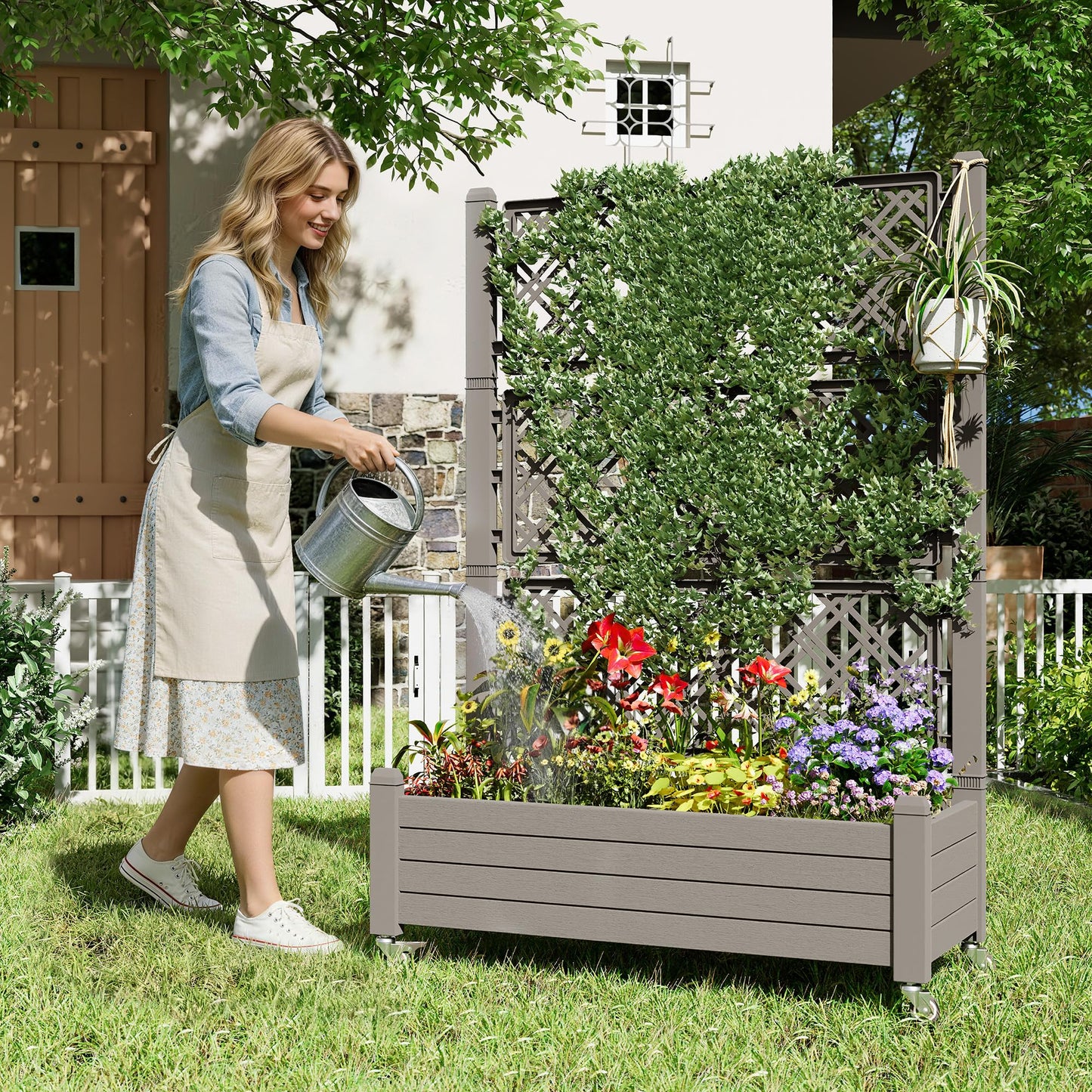 Fancyango Raised Garden Bed with Trellis and Wheels, Resin Planter Box with Trellis with Drainage Holes & Water Monitor, Privacy Planters for Patio for Climbing Plants, Gray(1 Pack)