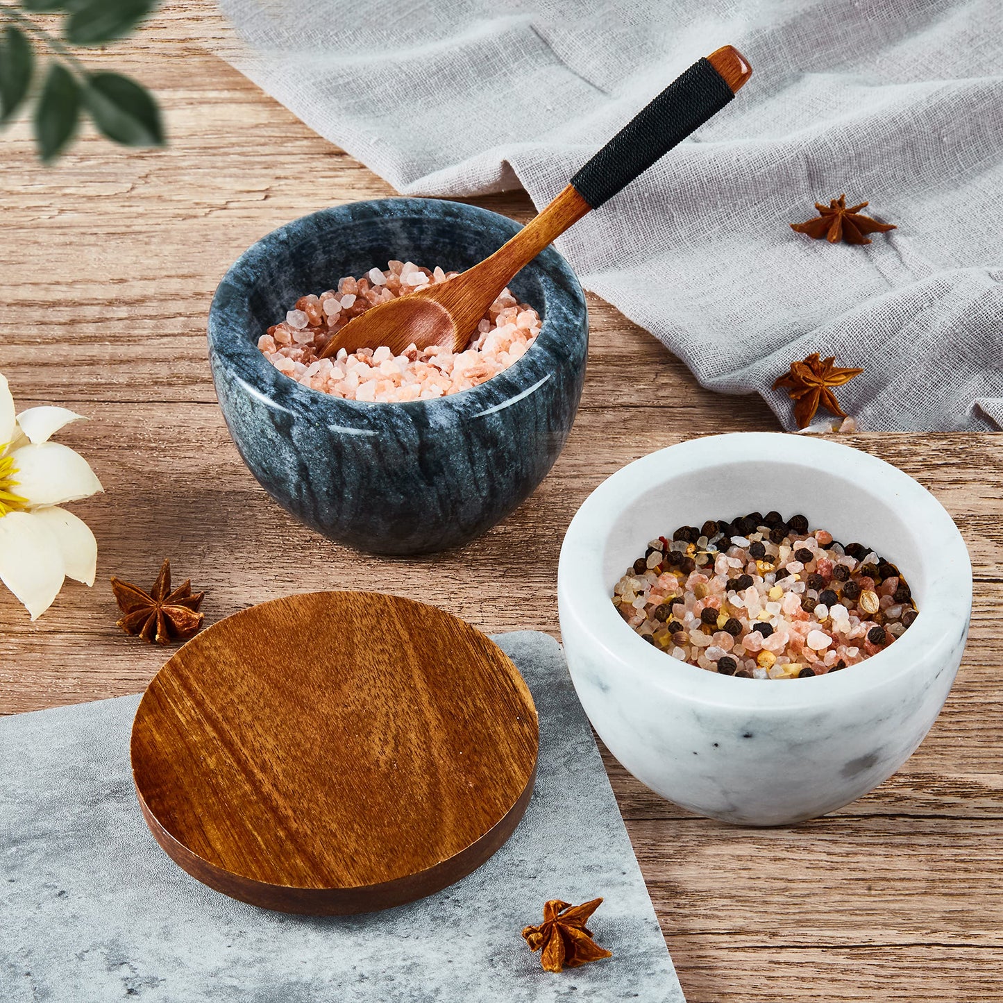 MarcZero Large Salt Box Spice Seasonings Keeper Pepper Container,Marble Base with Wooden Cover,Salt Cellar Big Capacity Elegant Design (White)