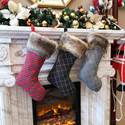 WEWILL 19'' 3 PCS Buffalo Plaid Christmas Stocking Decoration with Faux Fur Cuff Themed with Xmas Holiday Party Fireplace Decor Gifts for Family