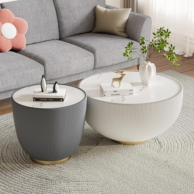 Henf Marble Round Side Table, 19.7" Fluted End Table